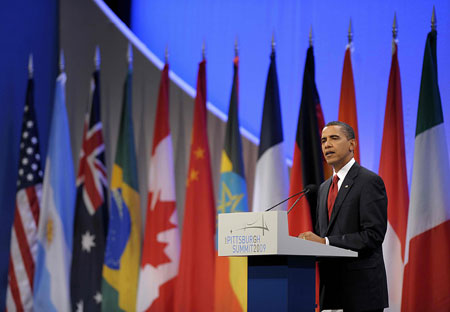 U.S. President Barack Obama speaks at a news conference after the conclusion of the G20 Summit in Pittsburgh, Pennsylvania, the U.S., Sept. 25, 2009. Obama on Friday said the G20 had taken significant steps to help the global economy transition to sustained growth. (Xinhua/Zhang Yan) 