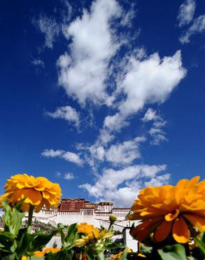 As the 60th anniversary of the founding of People's Republic of China draws near, the streets in Lhasa, capital of southwest China's Tibet Autonomous Region, are covered with lanterns, flowers and flags, September 26, 2009.