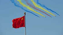 Trainer aircraft fly over the Tian'anmen Square in the celebrations for the 60th anniversary of the founding of the People's Republic of China, in Beijing, capital of China, October 1, 2009.