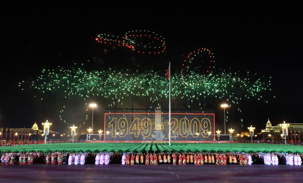 Fireworks are seen over the Tian'anmen Square during the celebrations for the 60th anniversary of the founding of the People's Republic of China, in Beijing, capital of China, October 1, 2009.