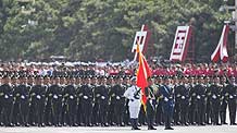 The guard of honor of the three services of the Chinese People's Liberation Army marches at the head of the march-past of a parade in the celebrations for the 60th anniversary of the founding of the People's Republic of China, in central Beijing, capital of China, October 1, 2009.