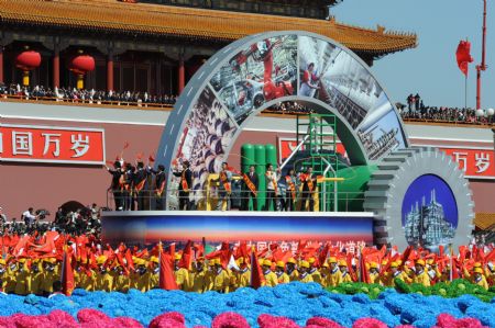 Parcitipants parade in the celebrations for the 60th anniversary of the founding of the People&apos;s Republic of China, on Chang&apos;an Street in central Beijing, capital of China, Oct. 1, 2009. (Xinhua/Huang Jingwen)