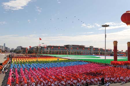 The helicopters fly during the celebrations for the 60th anniversary of the founding of the People&apos;s Republic of China, in Beijing, capital of China, Oct. 1, 2009. (Xinhua/Chen Shugen)