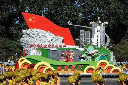 The float of southwest China&apos;s Sichuan Province, takes part in a parade of the celebrations for the 60th anniversary of the founding of the People&apos;s Republic of China, on Chang&apos;an Street in central Beijing, capital of China, Oct. 1, 2009. (Xinhua/Li Gang)