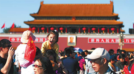 Children sitting on the shoulders of their parents share the delight of visiting Tian'anmen Square in Beijing, October 4, 2009.