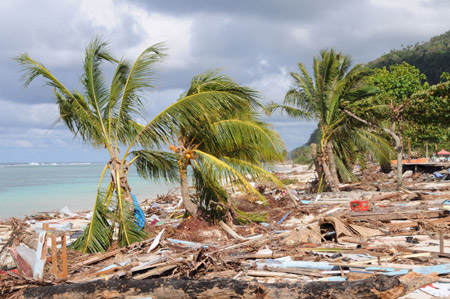 Photo taken on October 3, 2009 shows the beach after being hit by the tsunami on Upolu Island of Samoa. An 8.0 magnitude earthquake and tsunami hit Samoa last week caused severe impact to the country's tourism industry as many tourist destinations and facilities were destroyed. 