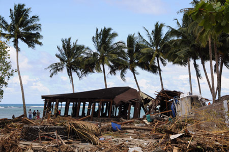 Photo taken on October 3, 2009 shows a scene at the Coconuts Beach Club damaged by the tsunami on Upolu Island of Samoa.