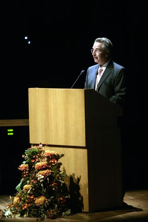 Rector of the Athens University of Economics and Business makes remarks at the opening ceremony for the first Confucius Institute in Greece in Athens, capital of Greece, October 8, 2009. 