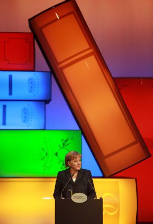 German Chancellor Angela Merkel speaks during the opening ceremony of the Frankfurt Book Fair, the world's biggest annual book fair, in Frankfurt of Germany, October 13, 2009. China has been selected as the Guest of Honor for this year's fair, which kicked off here on Tuesday evening.