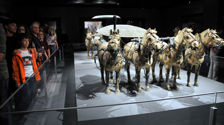 Visitors admire the displayed terra cotta warriors at the Houston Museum of Natural Science in Houston, the United States, on October 18, 2009.