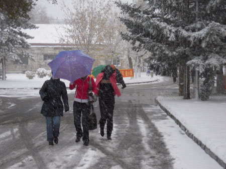 Local residents walk in the snow in Qiqihar City, northeast China's Heilongjiang Province, October 19, 2009.