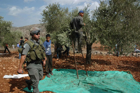 Israeli soldiers walks past some Palestinian farmers after several Palestinian farmers clash with Israeli settlers in the West Bank city of Nablus, October 27, 2009.