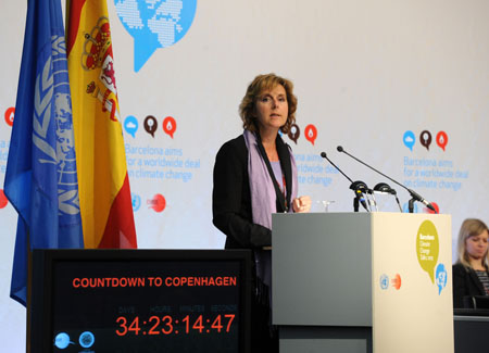 Connie Hedegaard, Minister for Climate and Energy of Denmark, addresses the latest round of UN climate change talks in Barcelona, Spain, November 2, 2009.