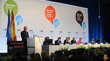 Yvo de Boer (L), executive secretary of the UN Framework Convention on Climate Change, addresses the latest round of UN climate change talks in Barcelona, Spain, November 2, 2009. The meeting is the fifth and also the last UN session this year before December's climate change conference in Copenhagen tasked with sealing a new deal on climate change to replace the Kyoto Protocol, the existing binding deal fighting climate change that expires in 2012.