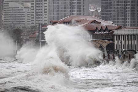 Photo taken on November 2, 2009 shows high billow at the seashore in Yantai, east China's Shandong Province. 