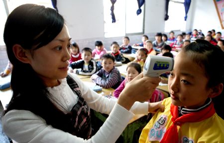 A teacher takes the temperature of a girl during the class break in Shuanghe Elementary School in Huaying, southwest China's Sichuan Province, November 3, 2009. Over 3,200 students in Shuanghe Elementary School resumed classes except some staying home for further observation. The school has been closed for ten days as several students infected A/H1N1 flu. Some other local schools in the same situation have also resumed classes in succession.