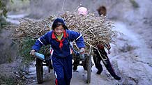 Hai Qin, a 12-year-old girl of Hui ethnic group, hauls a human-draught freight cart after school to help her mother with the arduous farm labors, in Kaicheng Town of Guyuan City, northwest China's Ningxia Hui Autonomous Region, October 22, 2009.