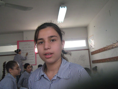 My name is Tala Nasser Ramadan, 11 years old. I live in Daheisheh refugee camp in the West Bank city of Bethlehem and study at a United Nations school in the camp. This photo I took on October 21, 2009 shows one of my friends in my class.