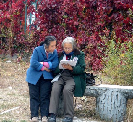 This photo I took on October 17, 2009 shows two old women learning English.