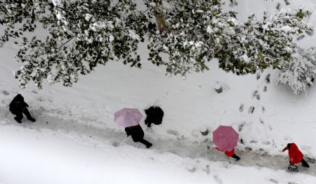 Pedestrians trudge through the snow in Zhengzhou, capital of central China's Henan Province, November 12, 2009.