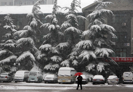 A man walks in snow in Beijing, capital of China, November 12, 2009. Snowfall continued in most parts of north and central China on Thursday.