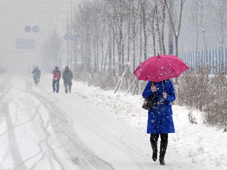 People walk in snow on a snow-covered road in Shenyang, capital of northeast China's Liaoning Province, on November 13, 2009. The heaviest snowfall this winter hit Liaoning Province since the afternoon of November 12.