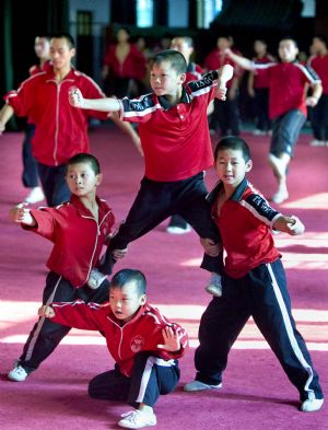 He Minxian (C), a 9-year-old kid, and his classmate rehearse for a Kung Fu performance in the Shaolin Tagou Kung Fu (Martial Art) Institute at the foot of Mountain Song in Dengfeng, a city of central China's Henan Province, October 12, 2009. 