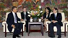 US President Barack Obama(L1) meets with Yu Zhengsheng(R1), member of the Political Bureau of the Communist Party of China (CPC) Central Committee and secretary of the CPC Shanghai Municipal Committee, at the Xijiao State Guest House in Shanghai, November 16, 2009.