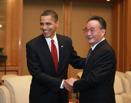 Wu Bangguo, chairman of China's National People's Congress Standing Committee, meets with US President Barack Obama at the Great Hall of the People in Beijing, capital of China, on November 17, 2009.