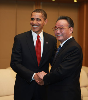 Wu Bangguo, chairman of China's National People's Congress Standing Committee, meets with US President Barack Obama at the Great Hall of the People in Beijing, capital of China, on November 17, 2009. 