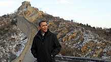 US President Barack Obama visits the Badaling section of the Great Wall in Beijing on November 18, 2009.