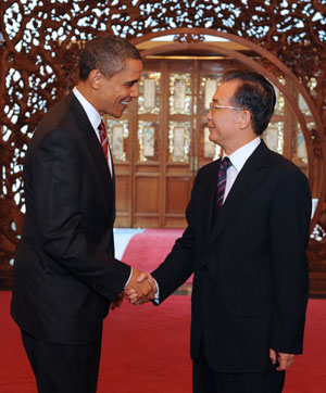 Chinese Premier Wen Jiabao meets visiting US President Barack Obama in Beijing on November 18, 2009.