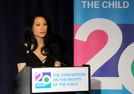 The UN Children's Fund (UNICEF) Goodwill Ambassador and actor Lucy Liu speaks during a news conference at the UNICEF headquarters in New York November 19, 2009.