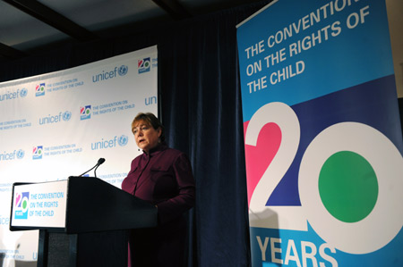 Ann M. Veneman, executive director of the UN Children's Fund (UNICEF), speaks during a news conference at the UNICEF headquarters in New York November 19, 2009.