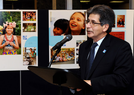 Saad Houry, deputy executive director of the United Nations Children's Fund (UNICEF), speaks during the opening ceremony of a photo exhibition marking the Universal Children's Day at the headquarters of the United Nations (UN) in New York, the U.S., Nov. 19, 2009. 