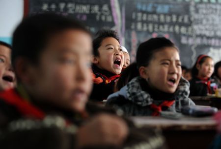 Ma Siqi (C) reads the text aloud at Zhongyin Xiwang Primary School, in Dongxiang Autonomous County, northwest China's Gansu Province, on November 20, 2009.