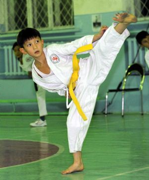 Elnur attends a training class of karate at an indoor gym at school in Bishkek, capital of Kyrgyzstan, on October 27, 2009.