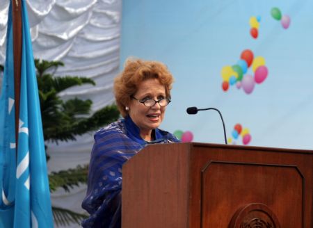 UNICEF Representative to Nepal Gillian Mellsop addresses an event to mark the Universal Children's Day in Kathmandu, capital of Nepal, Nov. 20, 2009. The event was organized on Friday to celebrate the 20th anniversary of the adoption of the UN Convention on the Rights of the Child (CRC) and four decades of the UNICEF presence in Nepal, on the occasion of the Universal Children's Day. (Xinhua/Bimal Gautam)