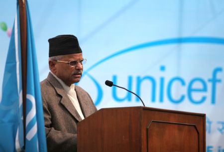 Nepalese President Ram Baran Yadav addresses an event to mark the Universal Children's Day in Kathmandu, capital of Nepal, Nov. 20, 2009.(Xinhua/Bimal Gautam)