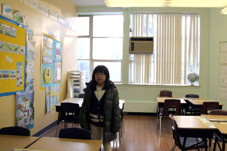 Photo taken on Nov. 20, 2009, by Kelly Ye-Won Kim shows her younger sister at school in Toronto, Canada.