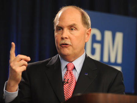 File photo taken on June 1, 2009 shows General Motors president and CEO Fritz Henderson during a press conference to announce that GM will seek bankruptcy protection at the GM Building in New York.