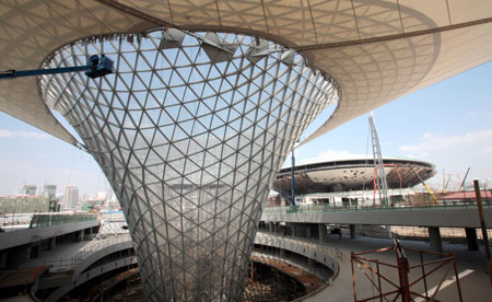 Photo taken on November 14, 2009 shows the horn-shakped 'Sunny Valley' building of Expo Axis in Shanghai, east China. A great amount of energy saving equipments were employed in the construction of 2010 Shanghai World Expo.