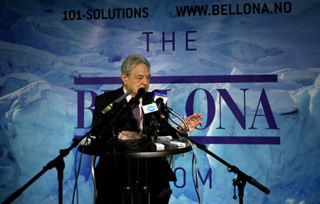 Financier George Soros speaks at a news conference on the sidelines of the United Nations Climate Change Conference in Copenhagen, capital of Denmark, December 10, 2009.
