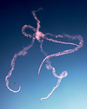 Members of the Bayi (August 1) Parachute Jumping Team of the Air Force of the Chinese People's Liberation Army (PLA) perform to celebrate the 10th anniversary of Macao's return to China, in Macao, south China, December 13, 2009. 