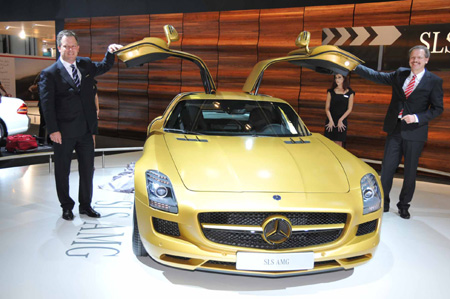 A Mercedes Benz SLS AMG is revealed during the media day of the 10th Dubai Motor Show in Dubai, the United Arab Emirates, on December 15, 2009. 