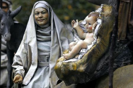 Photo taken on December 19, 2009 shows a part of a huge sculpture of the nativity scene set in front of the Congress building to celebrate the upcoming Christmas in Buenos Aires, capital of Argentina.