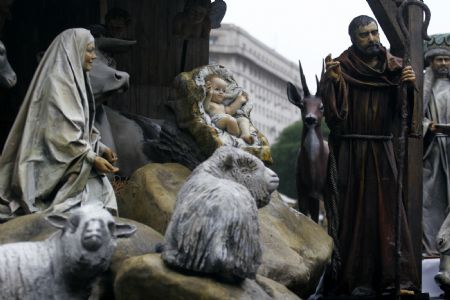 Photo taken on December 19, 2009 shows a part of a huge sculpture of the nativity scene set in front of the Congress building to celebrate the upcoming Christmas in Buenos Aires, capital of Argentina.