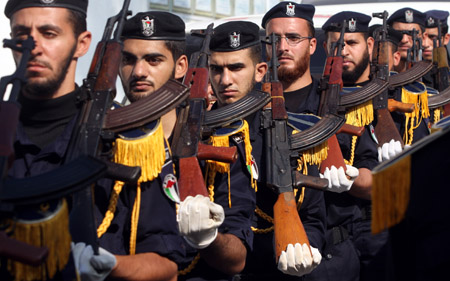 Palestinian Hamas security forces march during a rally in protest against Israel&apos;s war on Gaza Strip on December 27, 2008, the one-year anniversary of the start of Israel&apos;s war on Gaza Strip, in Gaza City on December 27, 2009. 