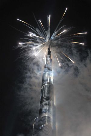 Fireworks explode around the Burj Khalifa tower during its opening ceremony in Dubai, the United Arab Emirates, January 4, 2010. 