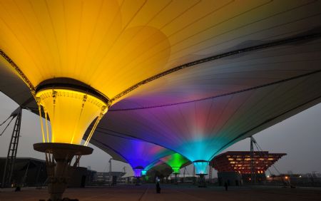 Photo taken on January 7, 2010 shows the brillant cable-membrane structure of the Expo Axis during a trial illumination in Shanghai, east China. 